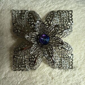 Flower Rhinestone Center Filigree HUGE Vintage Silver Brooch Gorgeous
